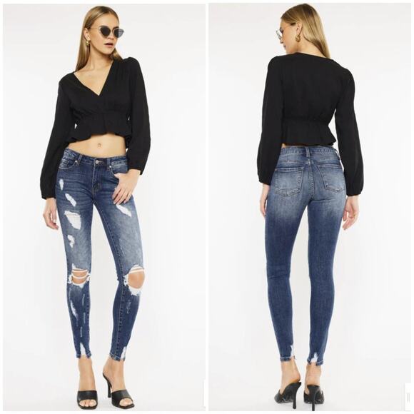 Kancan Cora Mid Rise Super Skinny Jeans Distressed Dark Wash Size 11/29 - Picture 1 of 11